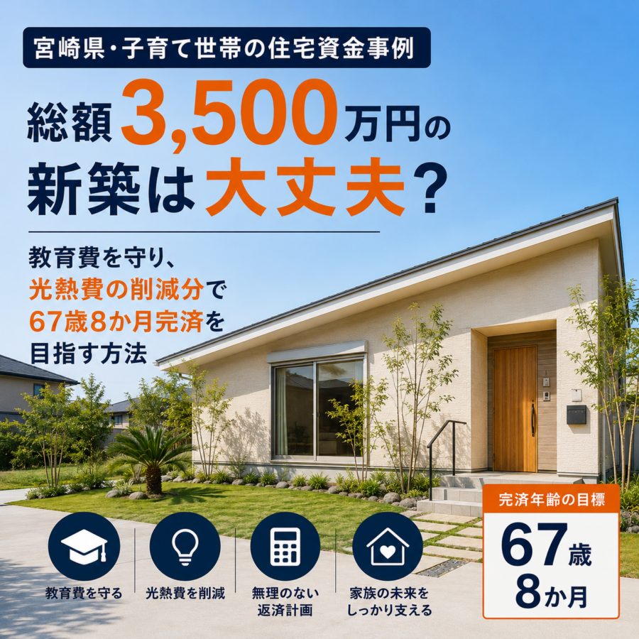 【宮崎県・子育て世帯の住宅資金事例】総額3,500万円の新築は大丈夫？教育費を守り、光熱費の削減分で67歳8か月完済を目指す方法